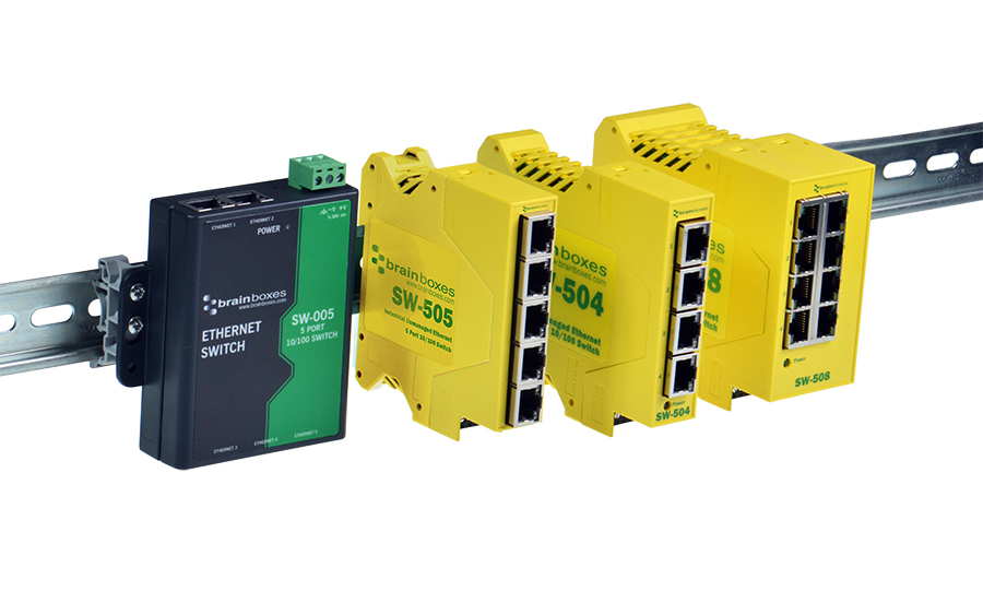 Brainboxes' Switch products clipped to a DIN rail